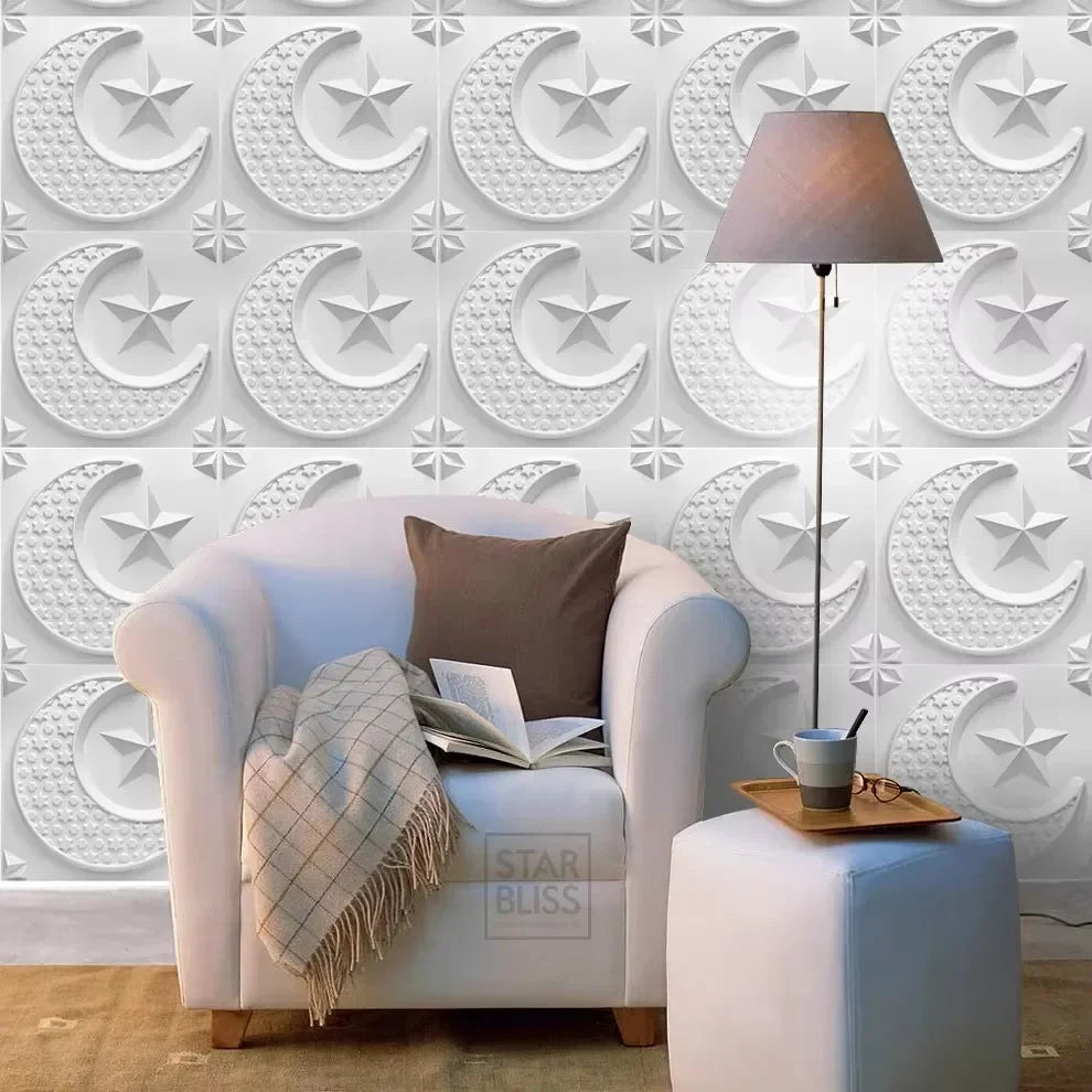 12 Stück/1 m2 arabische islamische muslimische Sterne Mond Dekor Relief Art 3D Wandpaneel nicht klebende 3D Wandaufkleber Wohnzimmer Home Decor