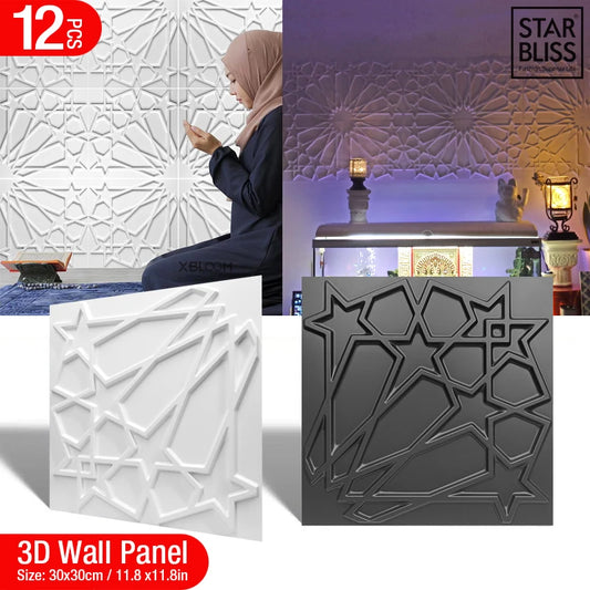 12 Stück/1 m2 arabische islamische muslimische Sterne Mond Dekor Relief Art 3D Wandpaneel nicht klebende 3D Wandaufkleber Wohnzimmer Home Decor